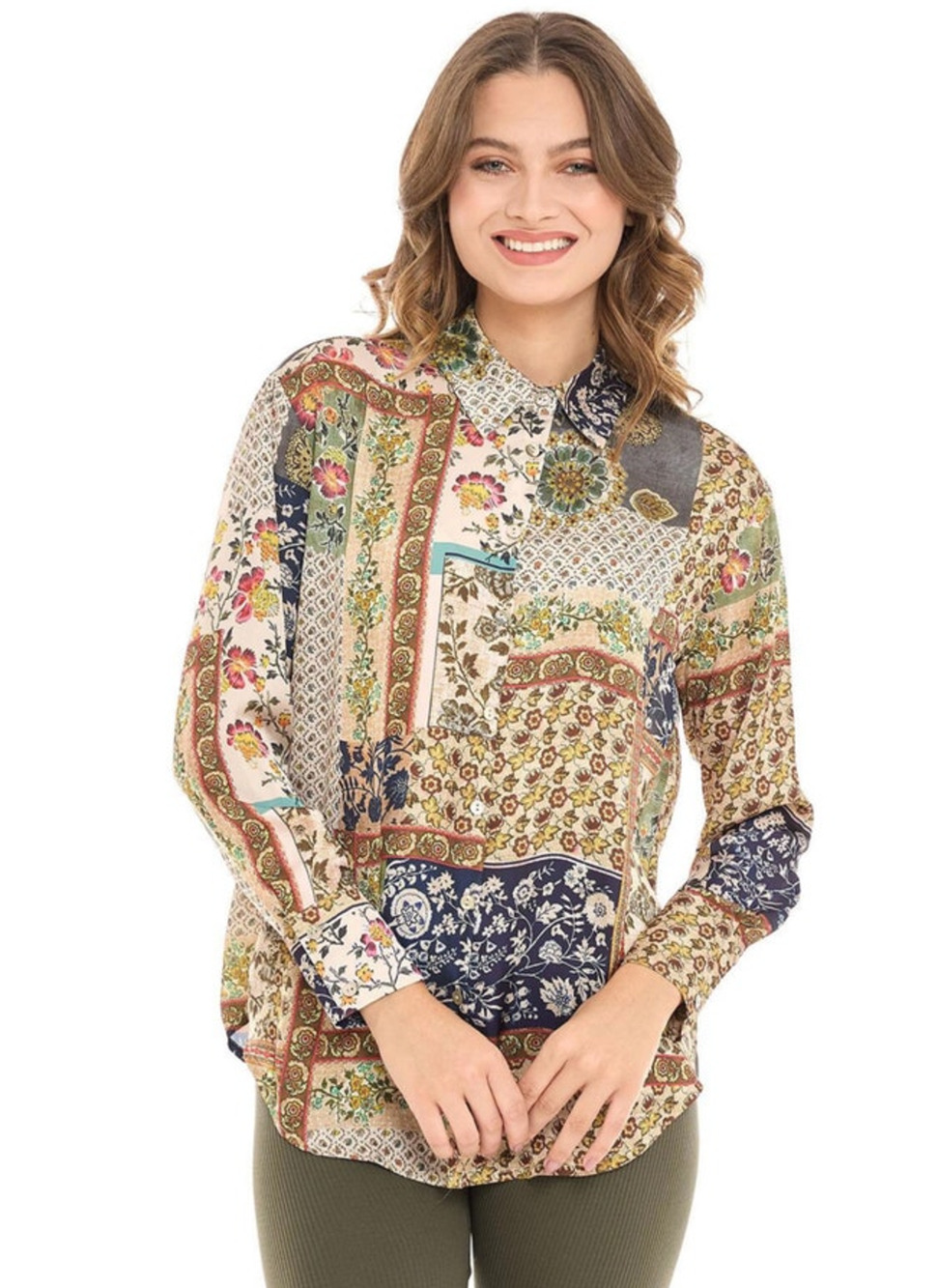Zara Patchwork Floral Print Button Down Blouse Boho Retro‎ Mix Size Large